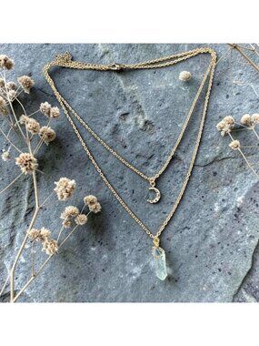 Layered Gold Plated Chain Necklace Crescent Moon Clear Quartz Crystal Pendant